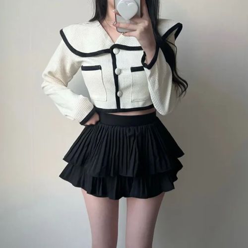 韩国chic蓬蓬裙纯欲白色裙子设计感百褶蛋糕短裙A字半身裙女夏