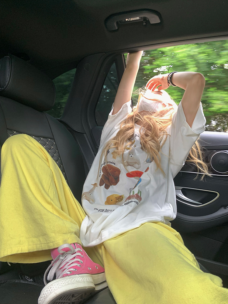 Pure cotton American retro 2024 new bag collar cartoon animation printed short-sleeved T-shirt women's summer loose top