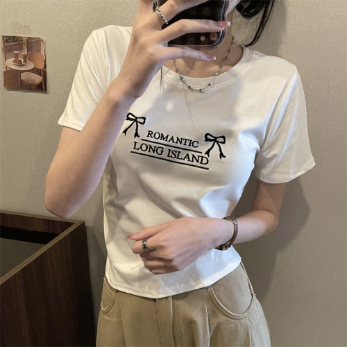 Real shot round neck short sleeve double bow letter short T-shirt women's summer right shoulder petite top