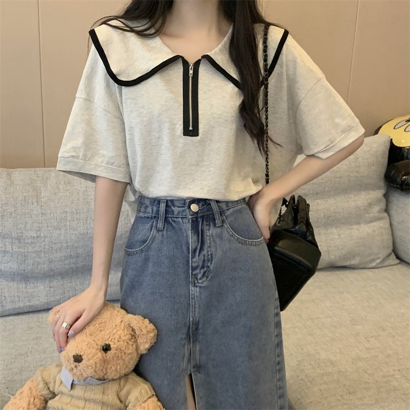 實拍 夏季韓版polo翻領法式設計感減齡短袖女上衣T恤