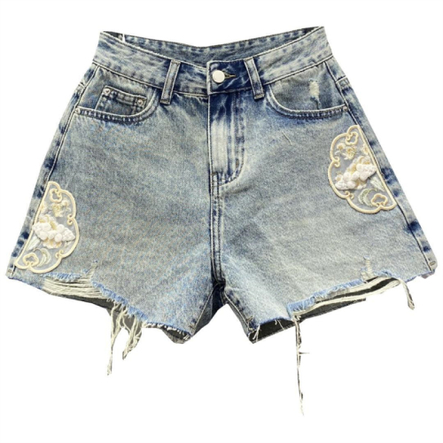 Niche design Chinese style embroidered disc buckle ripped raw edge denim shorts for women spring and summer wide leg A-line hot pants trendy