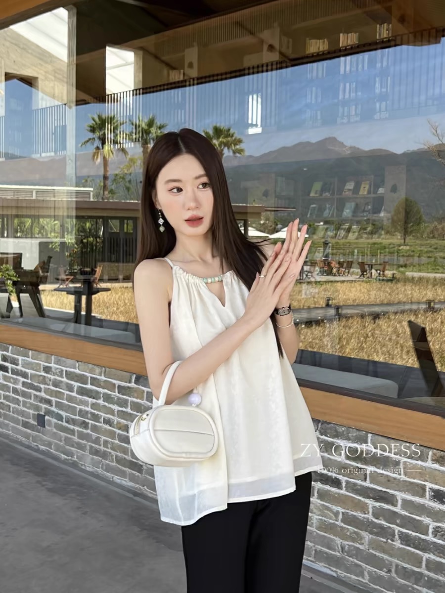 2024夏季新款韓版設計感串珠系帶掛脖寬鬆背心法式千金露肩上衣女
