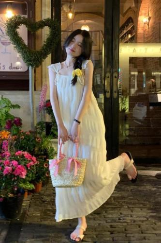 Real shot and real price Summer solid color temperament French pleated suspender long skirt white dress