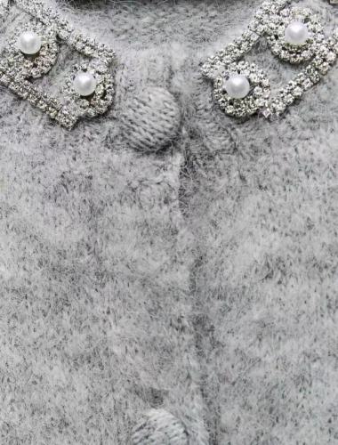 春季短款欧货重工水钻短袖灰色针织衫甜美毛衣女