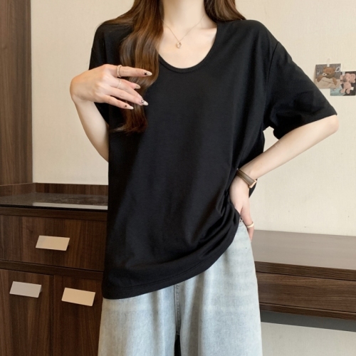 Women's New Gray Loose Fit U-Neck Short-Sleeve T-Shirt, Korean Style Simple Plain Half-Shirt, Instagram Inspired Basic Top
