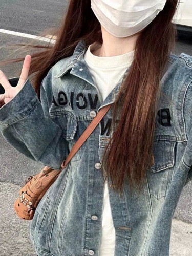 2024 spring new style embroidered letter denim jacket for women retro student junior high school and high school girl jacket top