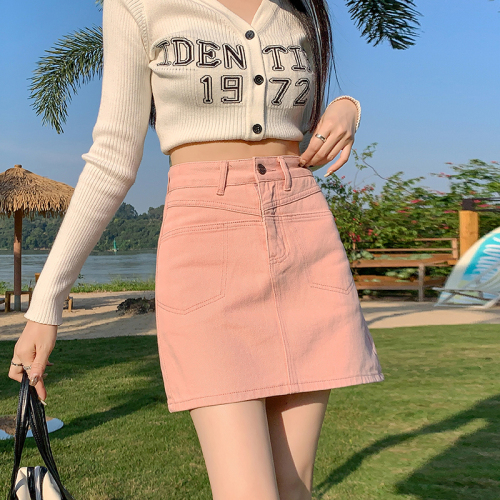 Actual shot of pink lined denim short skirt for women 2024 new summer style anti-exposure versatile a-line slim hip skirt