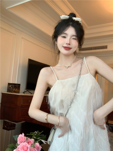 Real shot of sweet and super fairy tassel sequin fine French suspender dress high-end A-line skirt