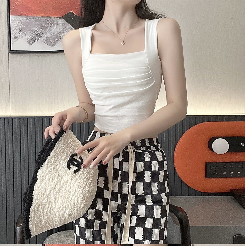 方領褶皺打底背心女夏季韓版2024新款修身顯瘦甜辣風內搭外穿上衣