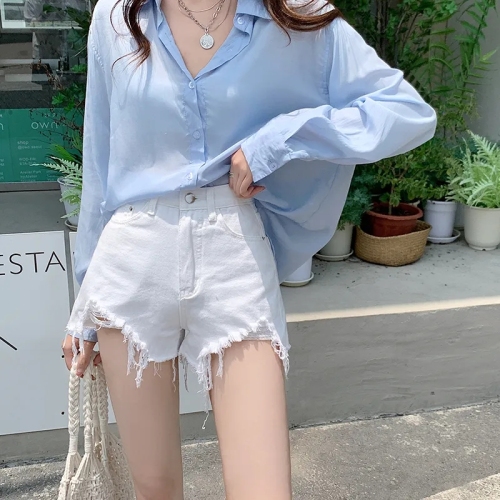 Denim shorts for women, high waist, new style, slim, small, raw edge, a-line, ripped, ultra-short hot pants for summer, summer