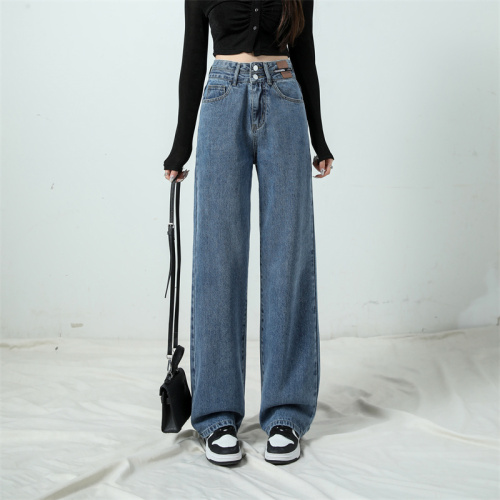 Actual shot ~ High-waisted nostalgic double-breasted Korean style popular trendy small logo design wide-leg floor-length jeans for women ins trend