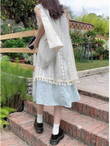 French retro tassel splicing sweet dress for women summer new slim temperament suspender sleeveless mid-length skirt