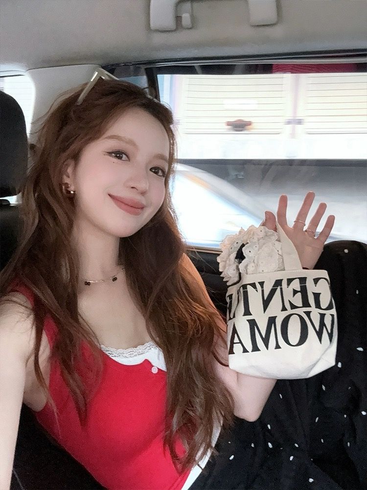 TMH STUDIO 泰蘭德疊穿少女 蕾絲花邊紐扣背心女外穿短款緊身上衣