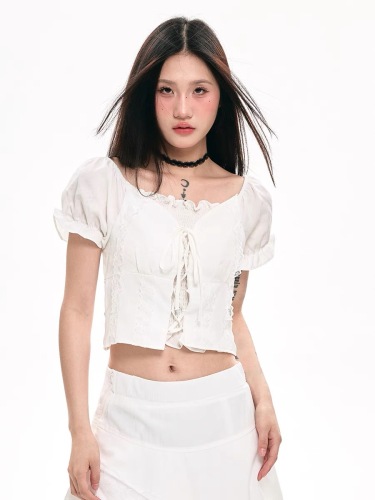 泡泡袖白色衬衫女夏季新款法式设计感小众短款甜美短袖上衣白衬衣