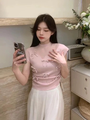 韩国东大门代购2024新款薄款芭蕾风蝴蝶结针织短袖T恤女上衣夏