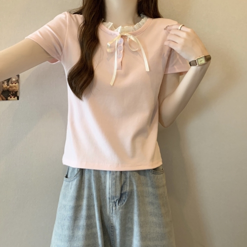 蝴蝶结短袖T恤女2024新款甜辣设计感小众夏季修身短款假两件上衣