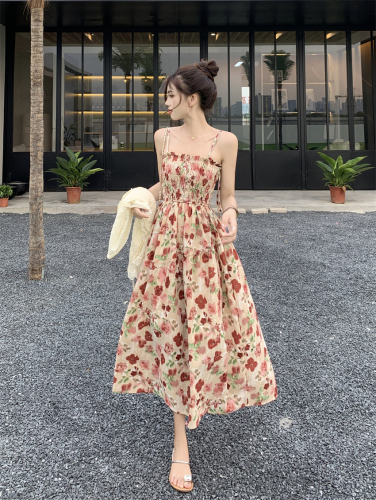 Real shot French floral suspender skirt retro chiffon flower print fairy slimming summer new dress