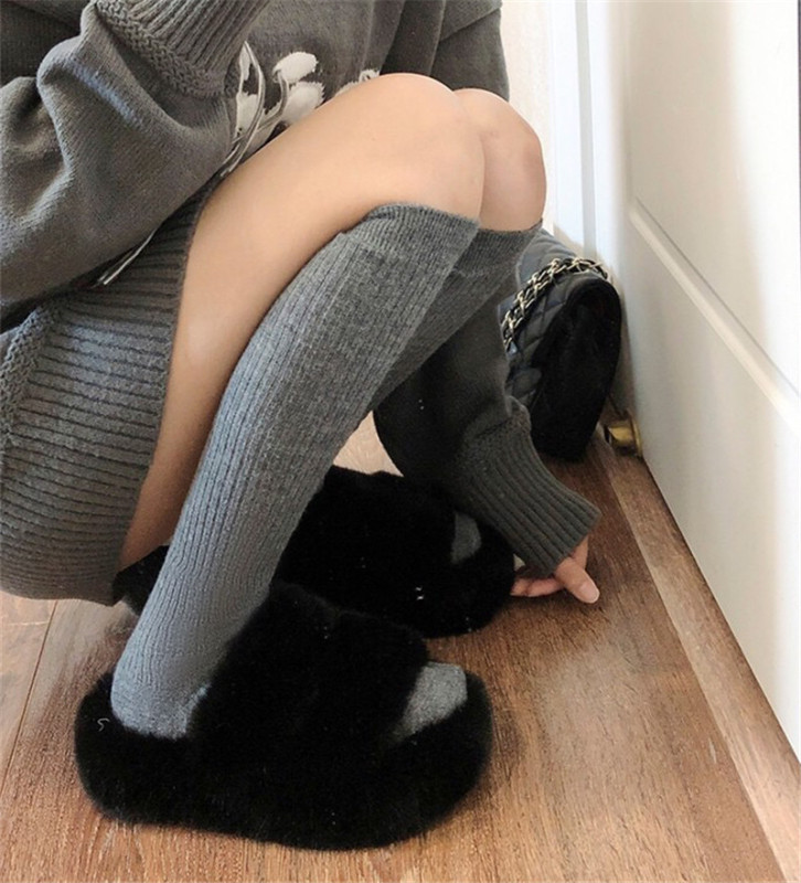 Price~Versatile black calf socks for women, solid color stockings, white mid-calf socks, gray pile socks