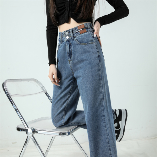 Actual shot ~ High-waisted nostalgic double-breasted Korean style popular trendy small logo design wide-leg floor-length jeans for women ins trend