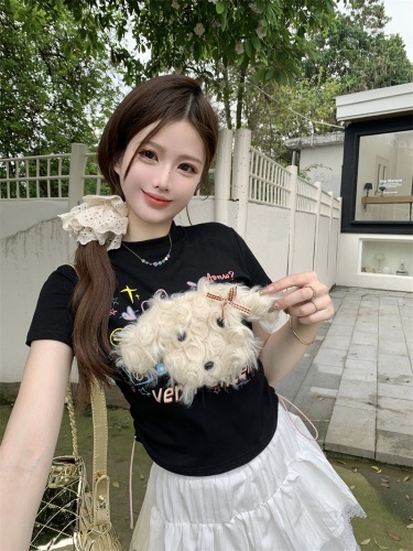 Real shot of detachable puppy hottie slim-fitting short-sleeved T-shirt