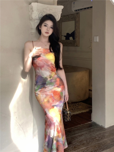 Real shot of summer sexy seaside retro oil painting colorful suspender dress slim skirt for women