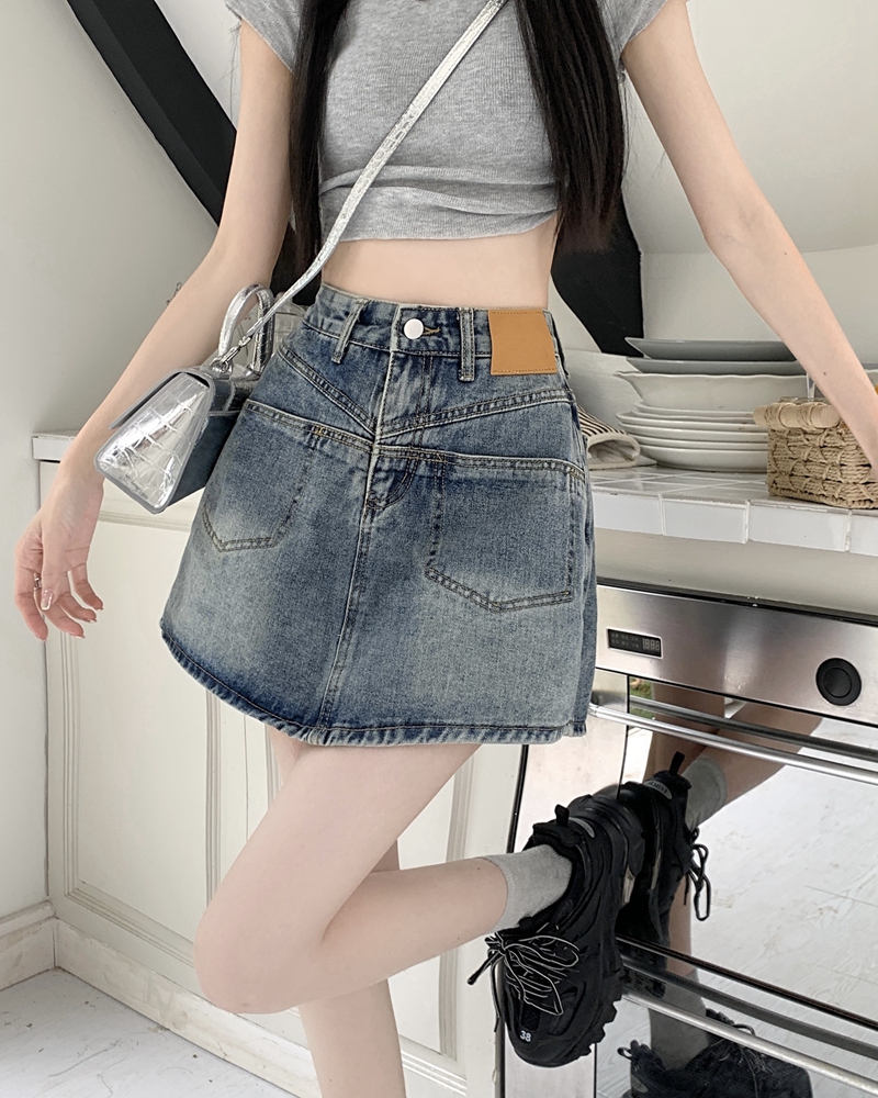 Actual shot #New high-waisted denim skirt for women, anti-exposure design, leather brand A-line hip-hugging short skirt
