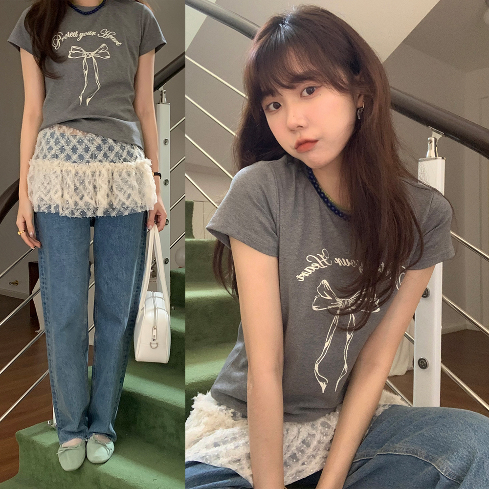 Actual shot Korean style niche girl bow letter printed round neck short-sleeved T-shirt