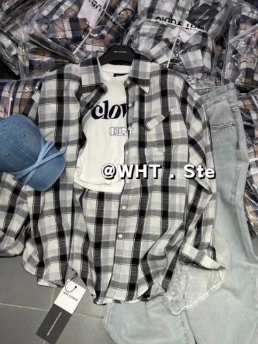 WHT韩版宽松显瘦格子衬衫+刺绣字母短袖T恤洋气两件套时尚套装女