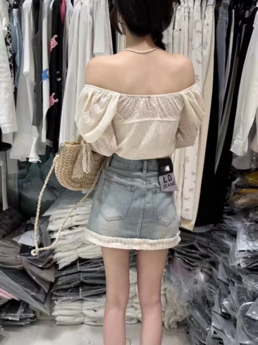 Temperament slimming high-waisted denim skirt New spring design stitching lace belt safety pants