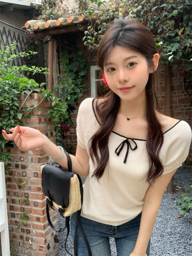 Real shot of new summer pure lust hottie age-reducing bow contrasting color slimming short-sleeved knitted T-shirt top for women