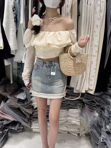 Temperament slimming high-waisted denim skirt New spring design stitching lace belt safety pants