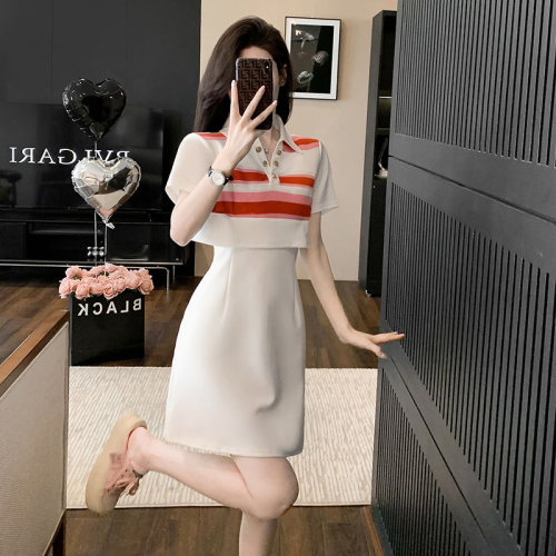 polo white dress for women summer 2024 new style temperament waist small fake two-piece high-end light luxury casual skirt