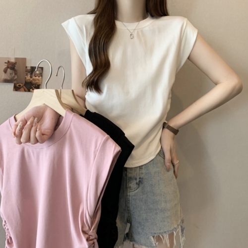 Actual shot of pure cotton 2024 summer Korean version of the new Feifei sleeve waist short-sleeved T-shirt women's solid color sleeveless top