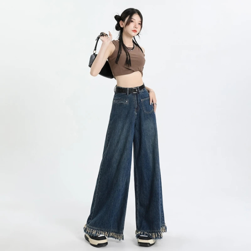 Summer retro high-waisted wide-leg culottes jeans women's loose straight flared floor-length culottes spring and autumn spring and autumn trousers