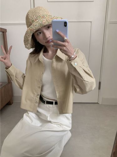 韩版简约后背设计感短款纯色长袖开衫衬衫