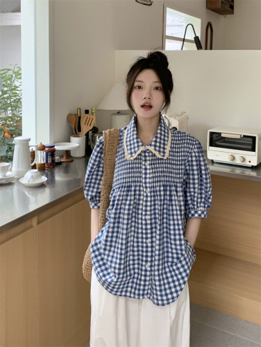 Real shot ~ blue plaid shirt spring women's 2024 new early spring new doll collar shirt