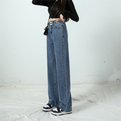 Actual shot ~ High-waisted nostalgic double-breasted Korean style popular trendy small logo design wide-leg floor-length jeans for women ins trend