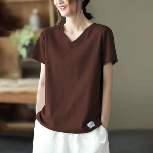 Summer new short-sleeved T-shirt for women, loose V-neck casual patch bottoming shirt, artistic comfortable loose top