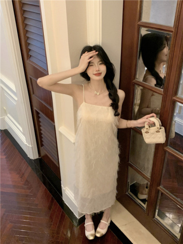 Real shot of sweet and super fairy tassel sequin fine French suspender dress high-end A-line skirt