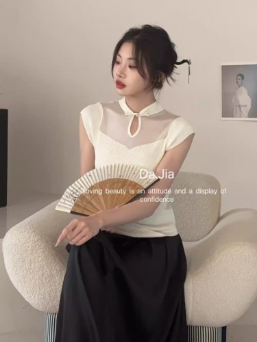 新中式冰丝短袖针织上衣女春夏修身中国风盘扣立领小衫气质打底衫