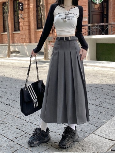 New Korean style solid color high waist slim pleated long skirt for women with wide swing long skirt
