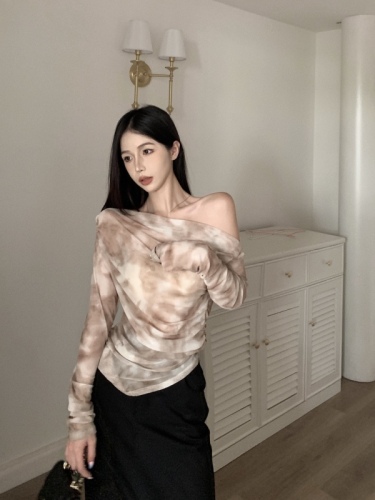Actual shot and real price Korean style slimming pure desire one-shoulder long-sleeved ink flower mesh bottoming shirt sun protection clothing