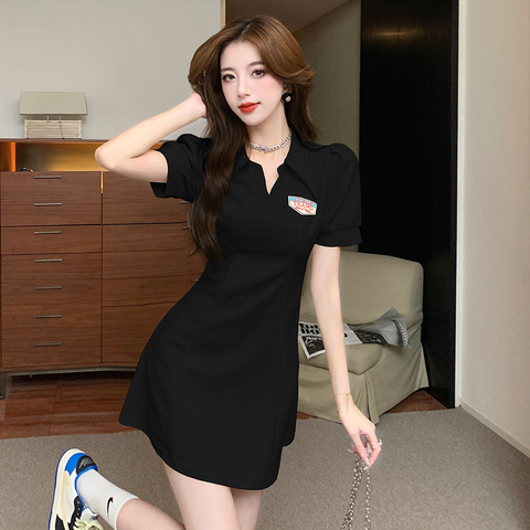 Waffle polo collar dress women's new summer letter sweet and spicy waist slimming short-sleeved A-line skirt college