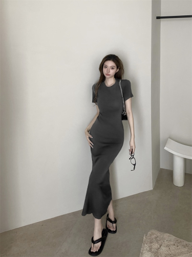 Real shot of Hepburn style hollow backless round neck dress summer new slim fit retro style long dress