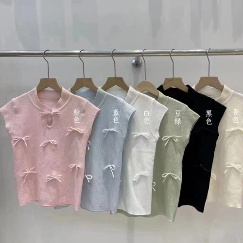Pink bow ice silk knitted short-sleeved women's 2024 summer new high-end niche design small flying sleeve top
