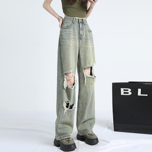 Actual shot ~ ripped jeans for women spring and summer new green cypress green design floor-length high-waisted wide-leg straight pants ins trend