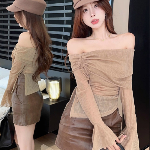 Official picture Designed long-sleeved T-shirt women's sun protection shirt slim one-line collar off-shoulder temperament short slightly see-through top spring and summer