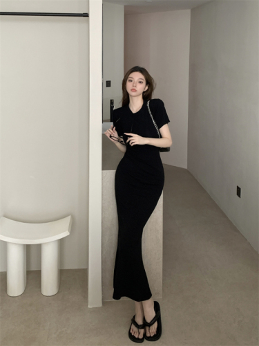 Real shot of Hepburn style hollow backless round neck dress summer new slim fit retro style long dress
