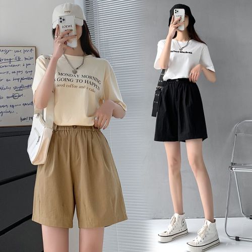 Real shot of cotton pocket shorts for fat girls in summer new elastic waist tie loose large size five-point wide-leg pants
