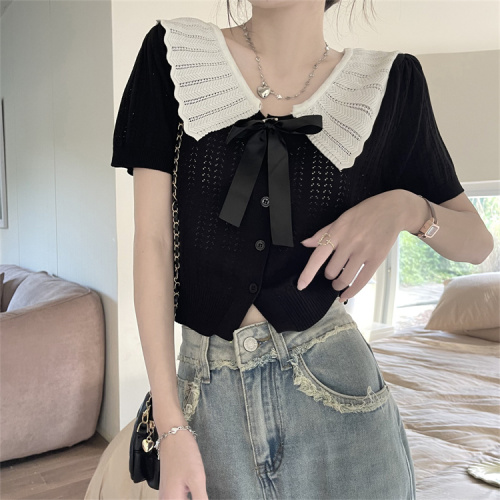Real shot of college style retro short-sleeved Polo shirt for women summer knitted cardigan Japanese doll collar top